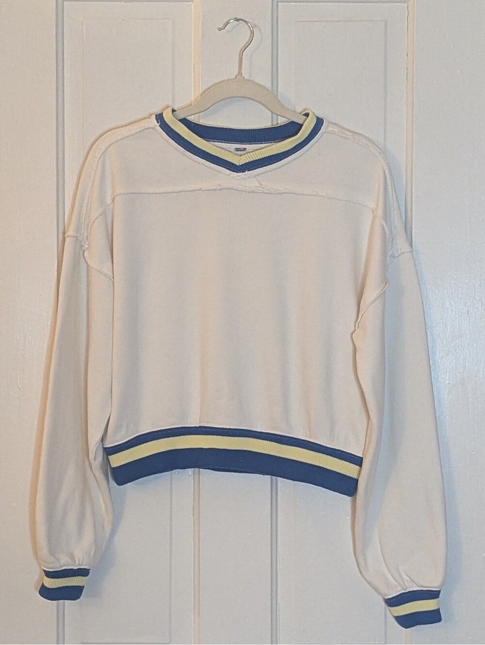 FREE PEOPLE RIO SWEATSHIRT IVORY BLUE VARSITY STRIPE PULLOVER | SIZE S